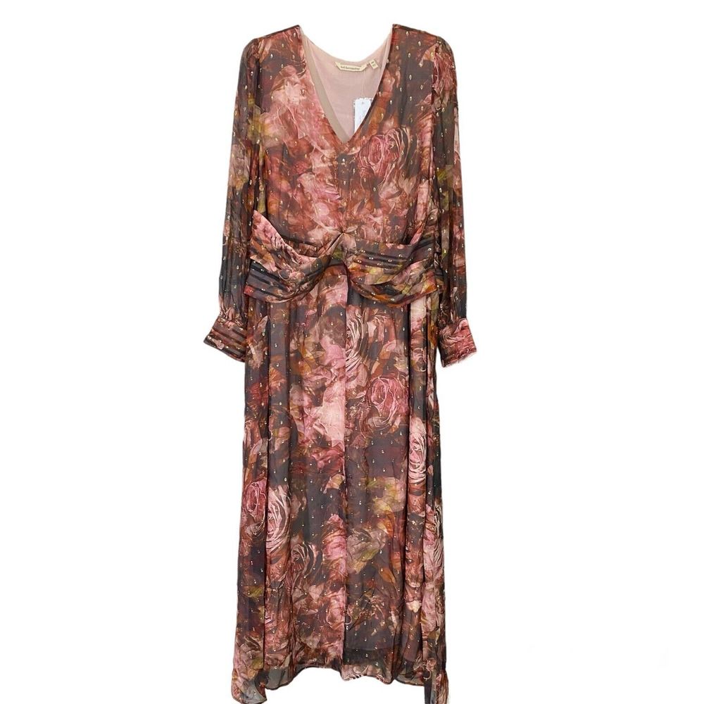 Soft Surroundings Rina Silk Maxi Dress Womens SZ6 Red Gold Long Sleeve Flowy NWT - Picture 3 of 8